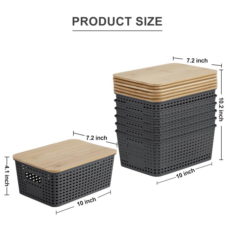 Bagnizer Plastic Storage Bins with Bamboo Lids Stackable Box Basket Pantry Decorative Containers Cute with Lable for Organizing Desktop Closet Office Gray of 6 packs 10 * 7.2 * 4.1' - Image 2